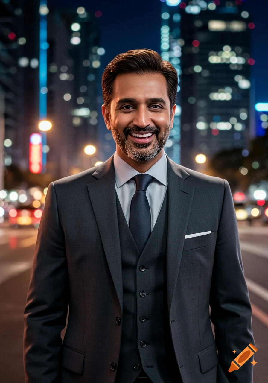 A smiling business man in a three-piece suit stands in a city at night.