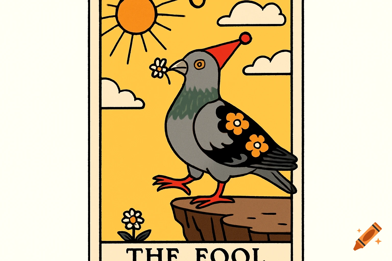 Stylized illustration of a pigeon as The Fool tarot card, standing on a cliff with a flower in its beak.
