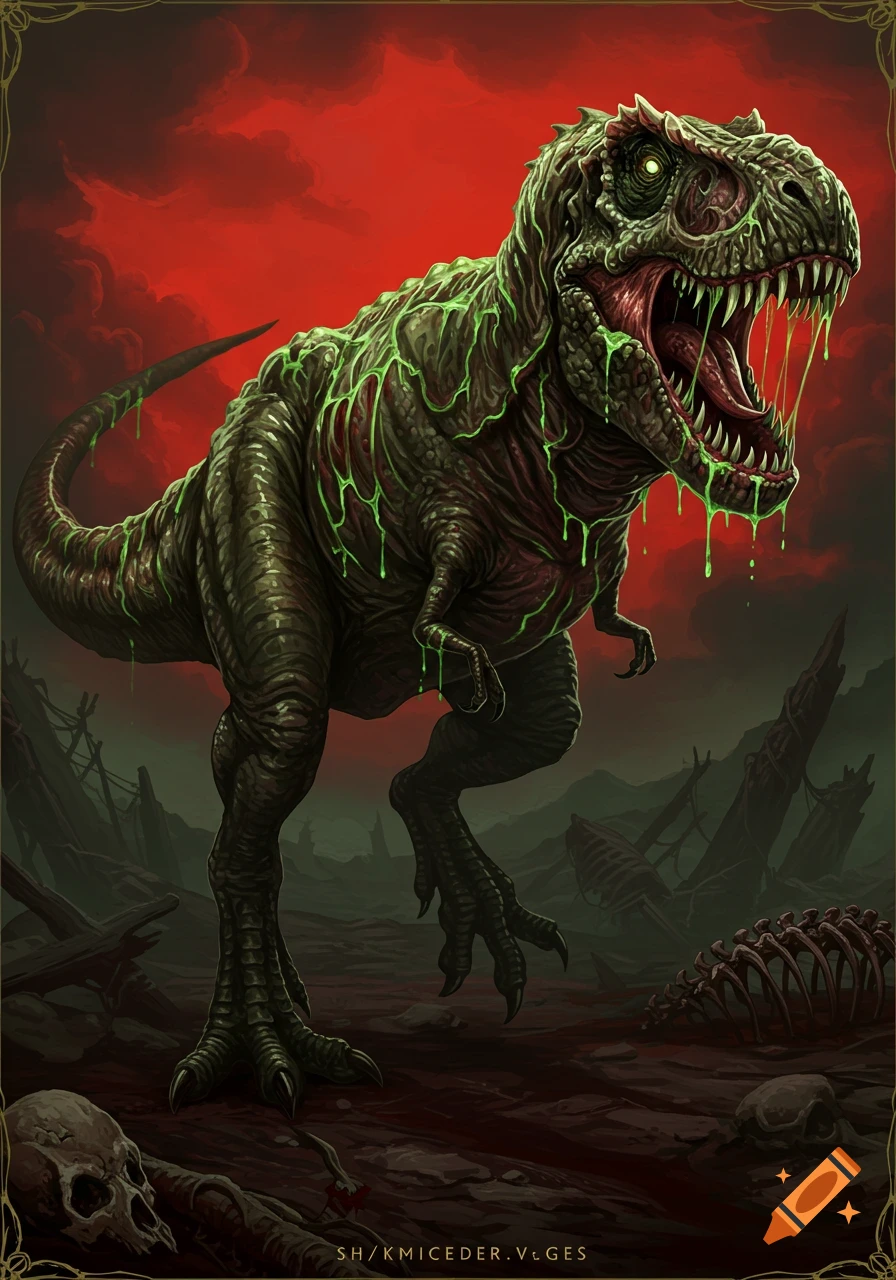 A dark, monstrous Tyrannosaurus rex covered in green slime and blood stands in a ruined landscape with bones.