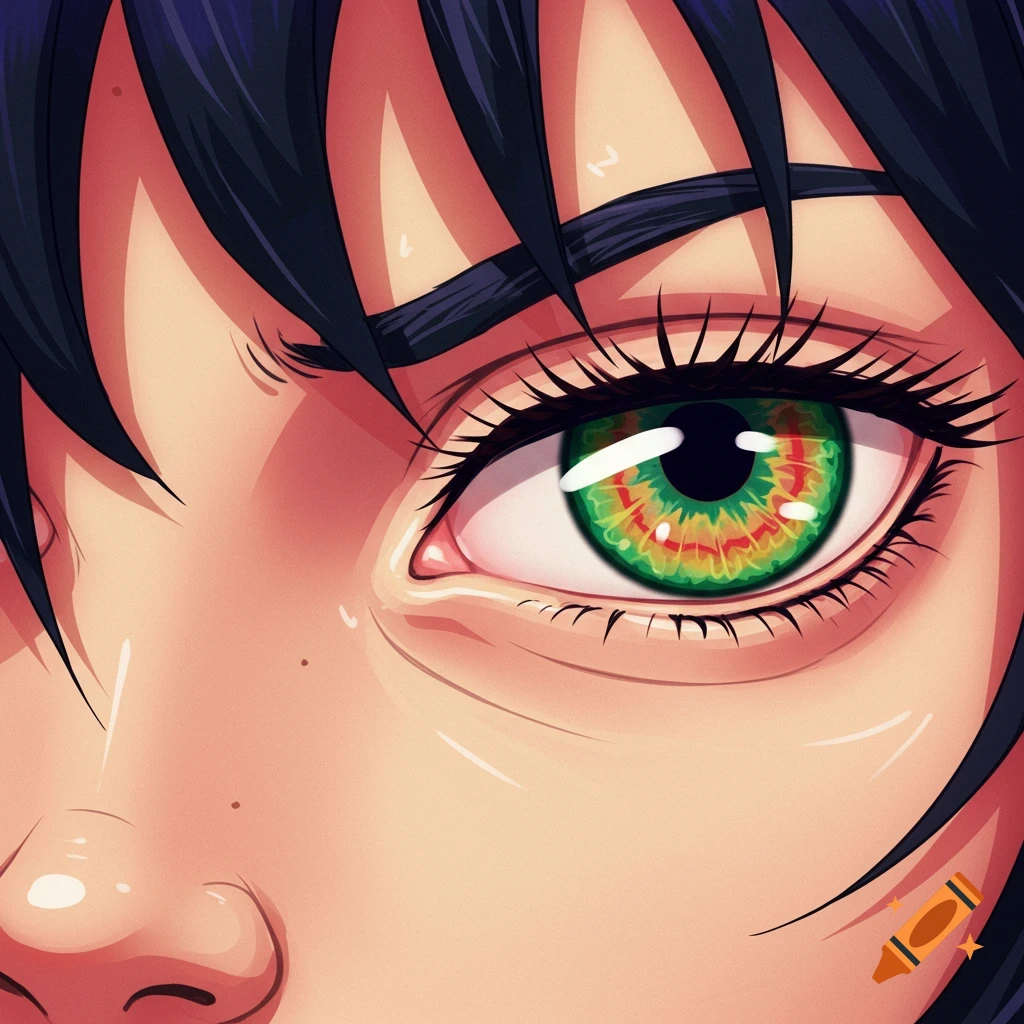 Close-up of an anime eye with a swirling green and red iris.