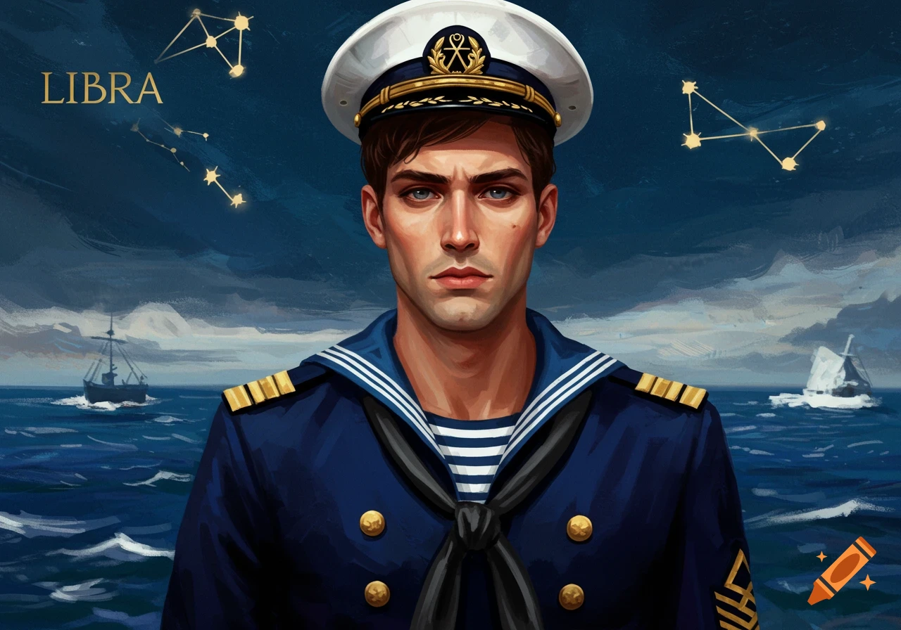 Illustration of a male navy sailor at sea under the Libra constellation with LIBRA text.