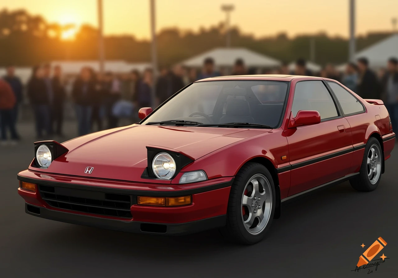 A shiny red 1980s Honda Prelude with pop-up headlights is parked outdoors with blurred people in the background.