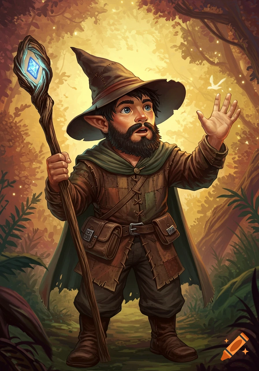 Illustration of a young male gnome wizard with a beard and staff, standing in a sunlit forest.