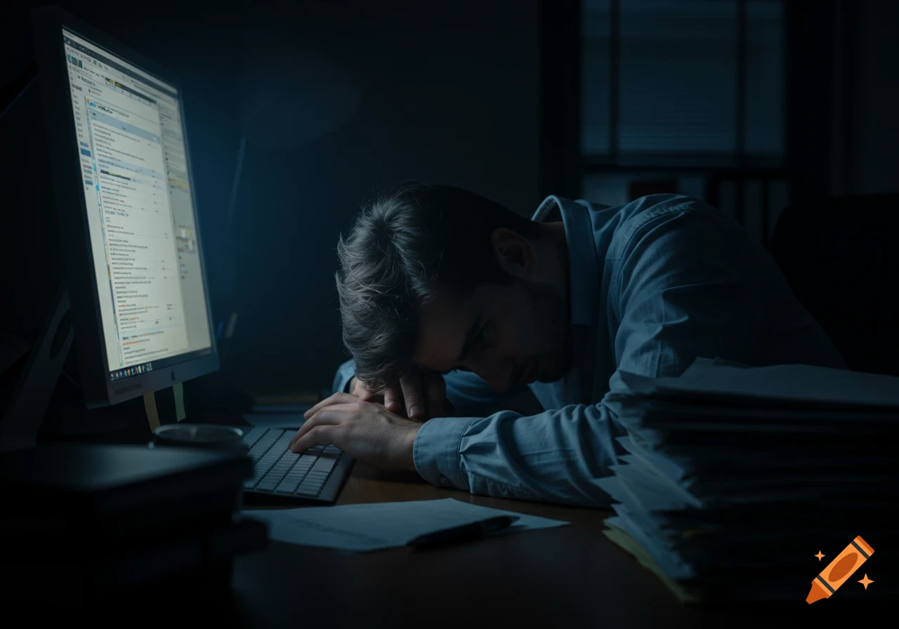 Man asleep at a computer desk with papers.