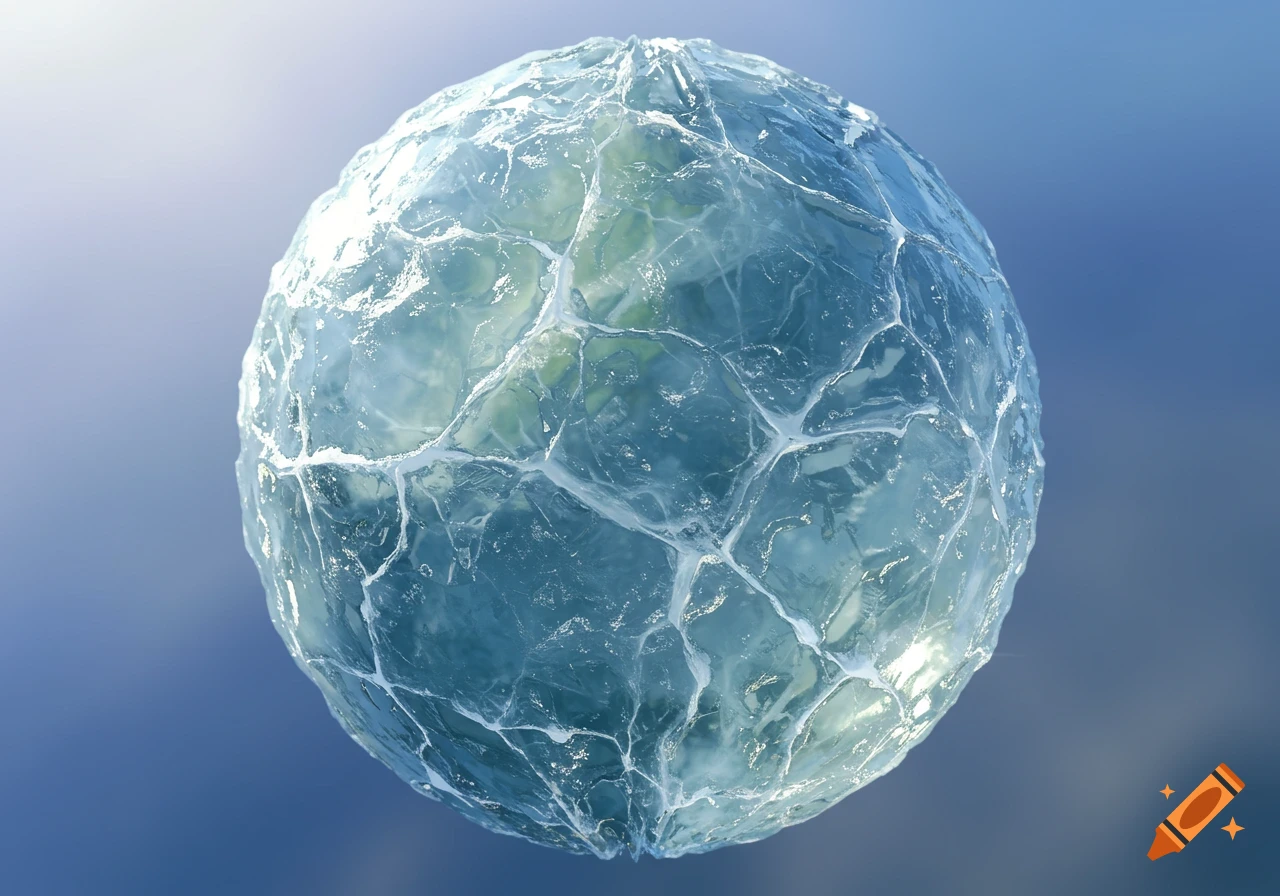 A sphere of ice with a cracked surface against a blurred blue background.