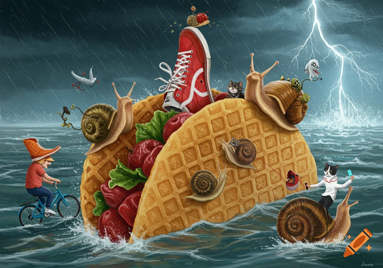 Surreal illustration of snails riding a giant waffle taco on stormy waves, with characters on top including a person on a bicycle and cats.