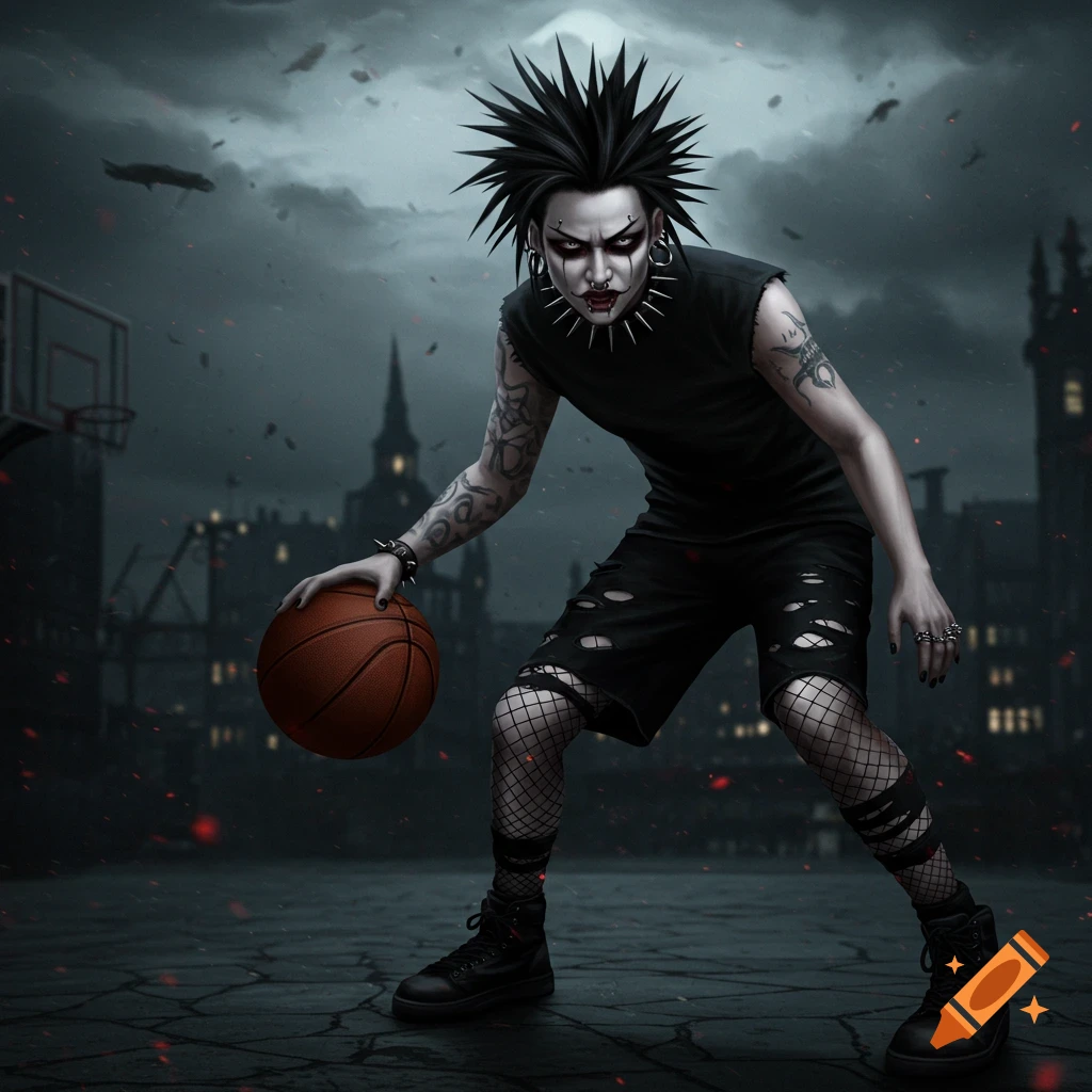 Goth person with spiked hair and dark makeup dribbles a basketball on a spooky outdoor court at night.