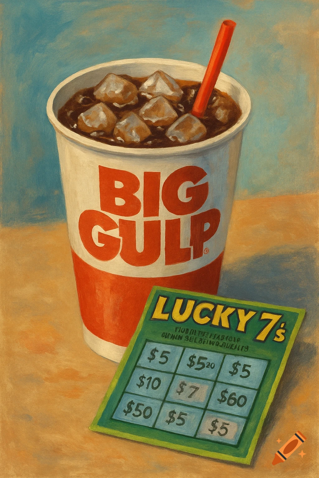 A painterly image of a Big Gulp cup filled with ice and soda, next to a ...