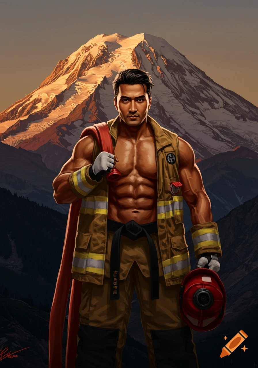Illustration of a muscular man in firefighter gear and taekwondo belt, standing before a sunset mountain.