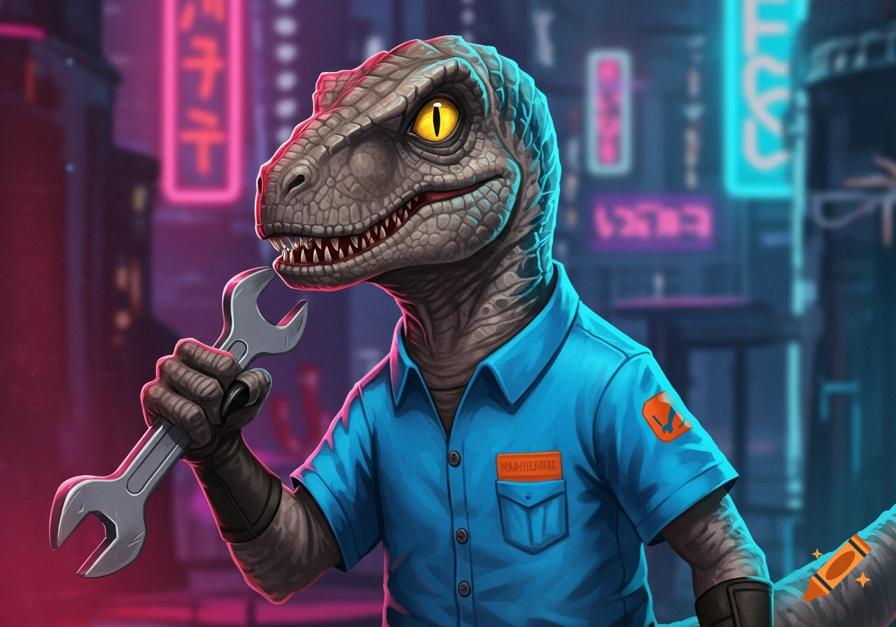 A cool dinosaur in a maintenance shirt holding a wrench in a cyberpunk city.