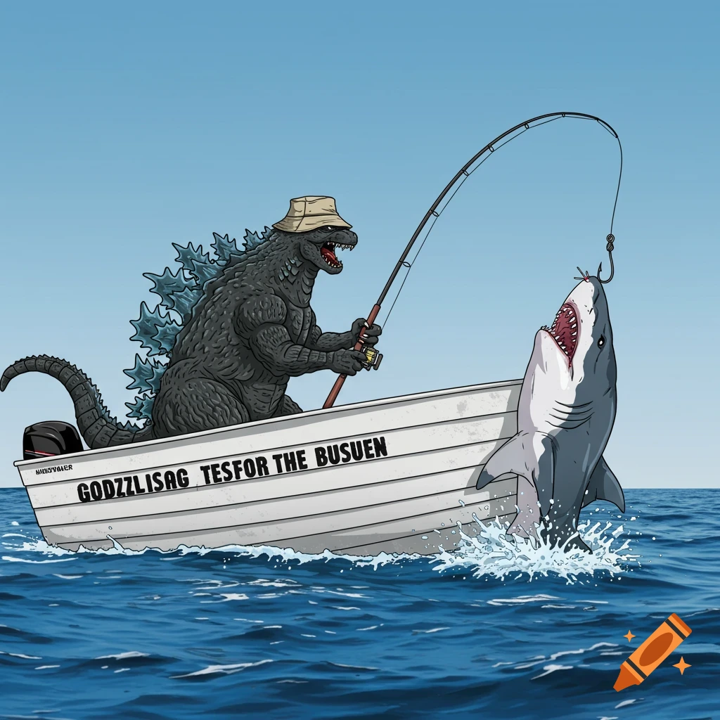 Cartoon of Godzilla in a bucket hat fishing a shark from a boat