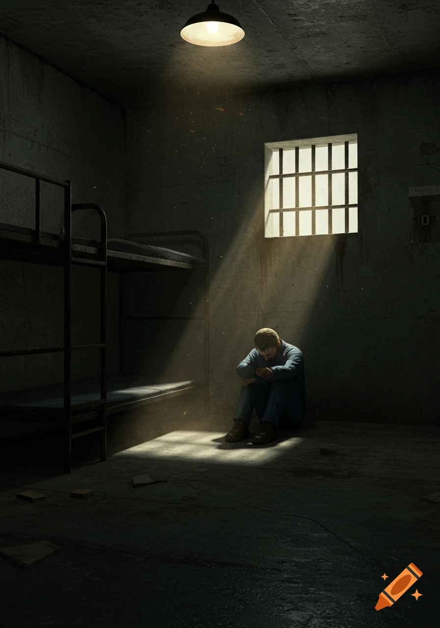 A man sits on the floor in a dimly lit prison cell with light streaming from a barred window.