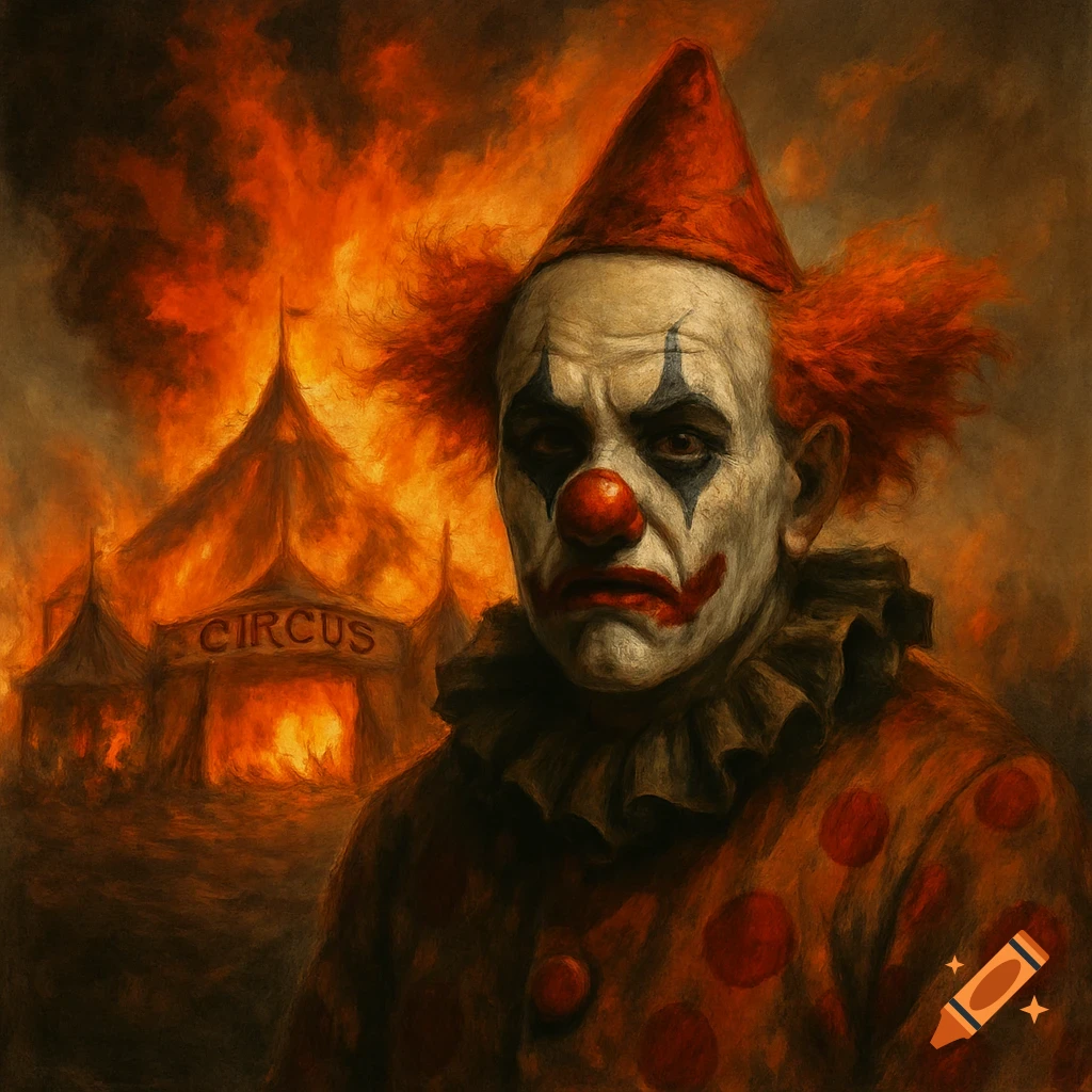 A creepy clown stands in front of a circus tent engulfed in flames.