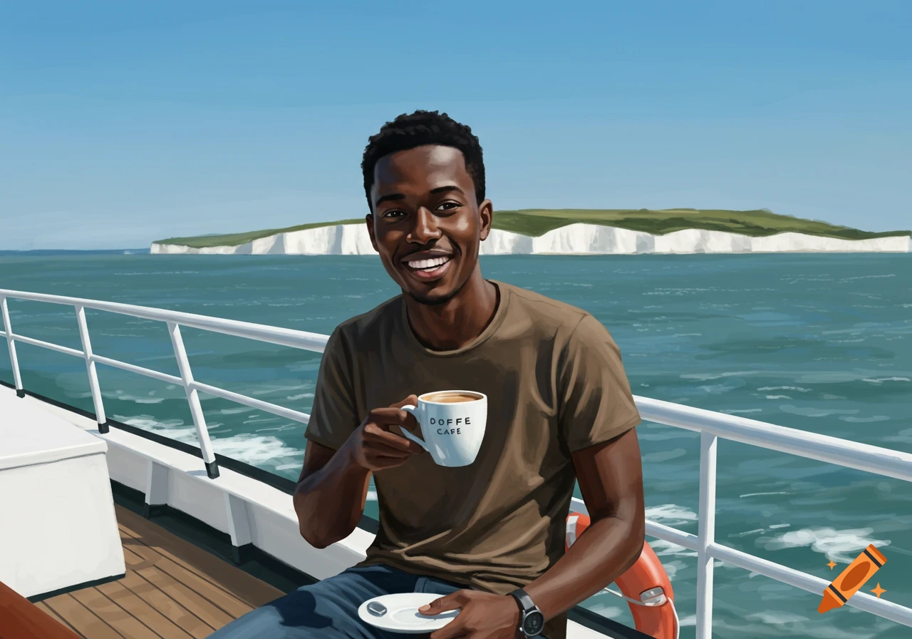 Smiling Black man on a boat holding coffee cup, with white cliffs in background. Illustration.