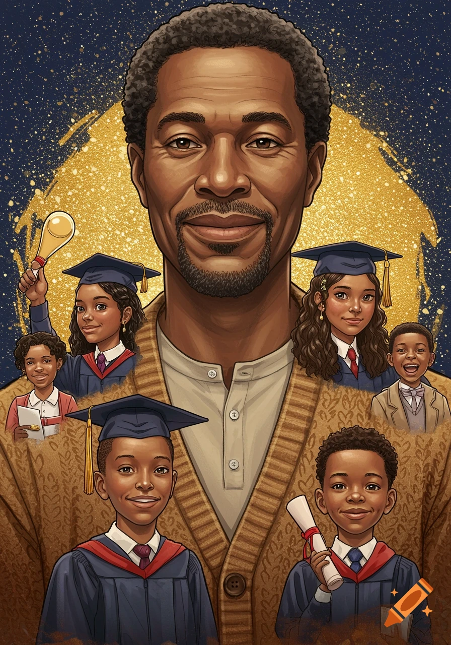 Illustration of an adult man behind several children in graduation caps and gowns.