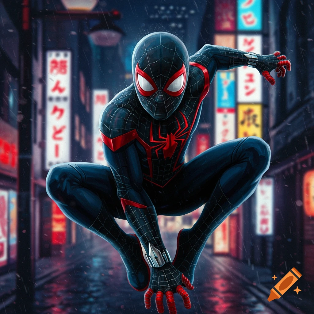 Spider-Man character in black and red suit crouching in a rainy city street with neon signs.