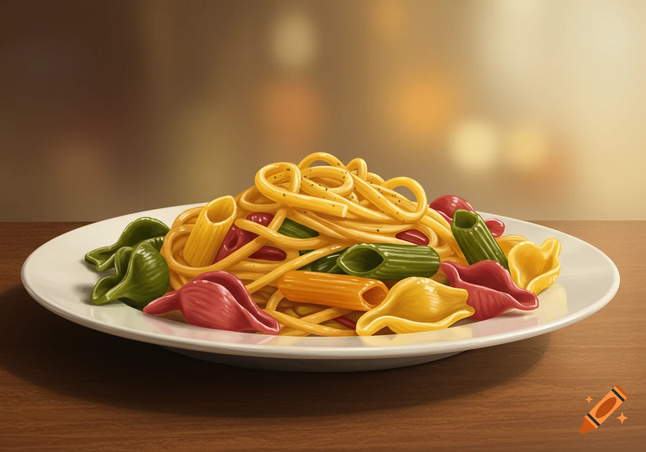 A plate of colorful pasta including spaghetti, penne, and shell shapes, rendered in an illustration style.
