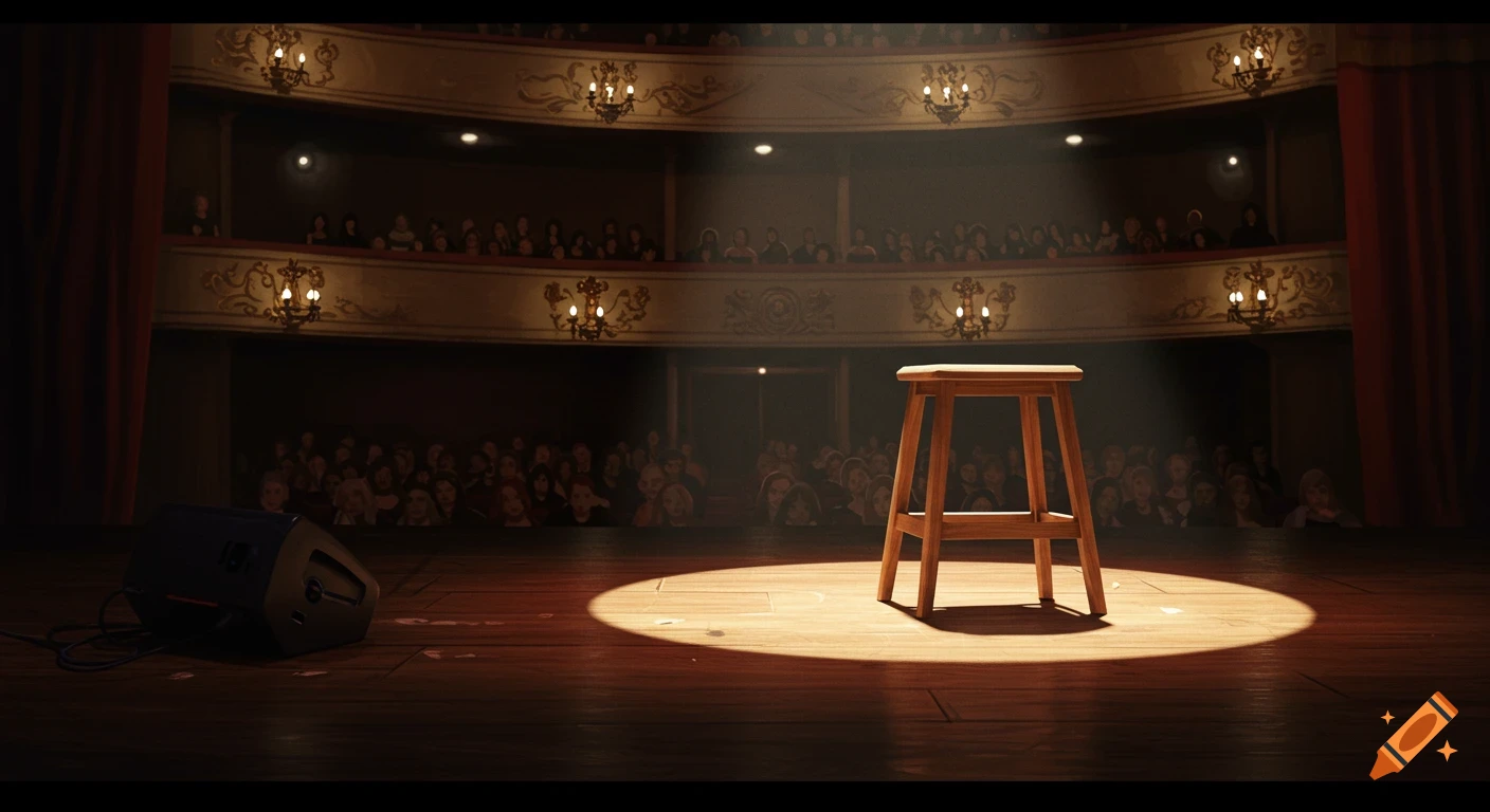 A wooden stool sits on a theatre stage under a spotlight, with a dimly lit audience in the background.