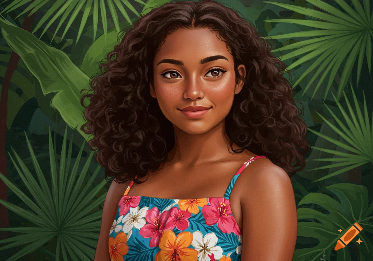 Digital art portrait of a young woman with curly hair wearing a floral dress against tropical leaves.