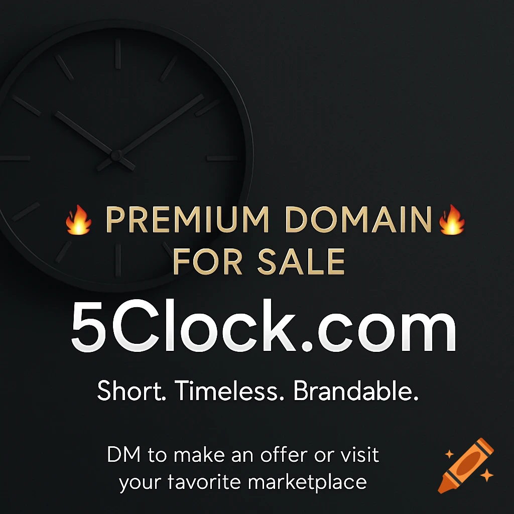 Promotional graphic for 5Clock.com domain sale with text and clock
