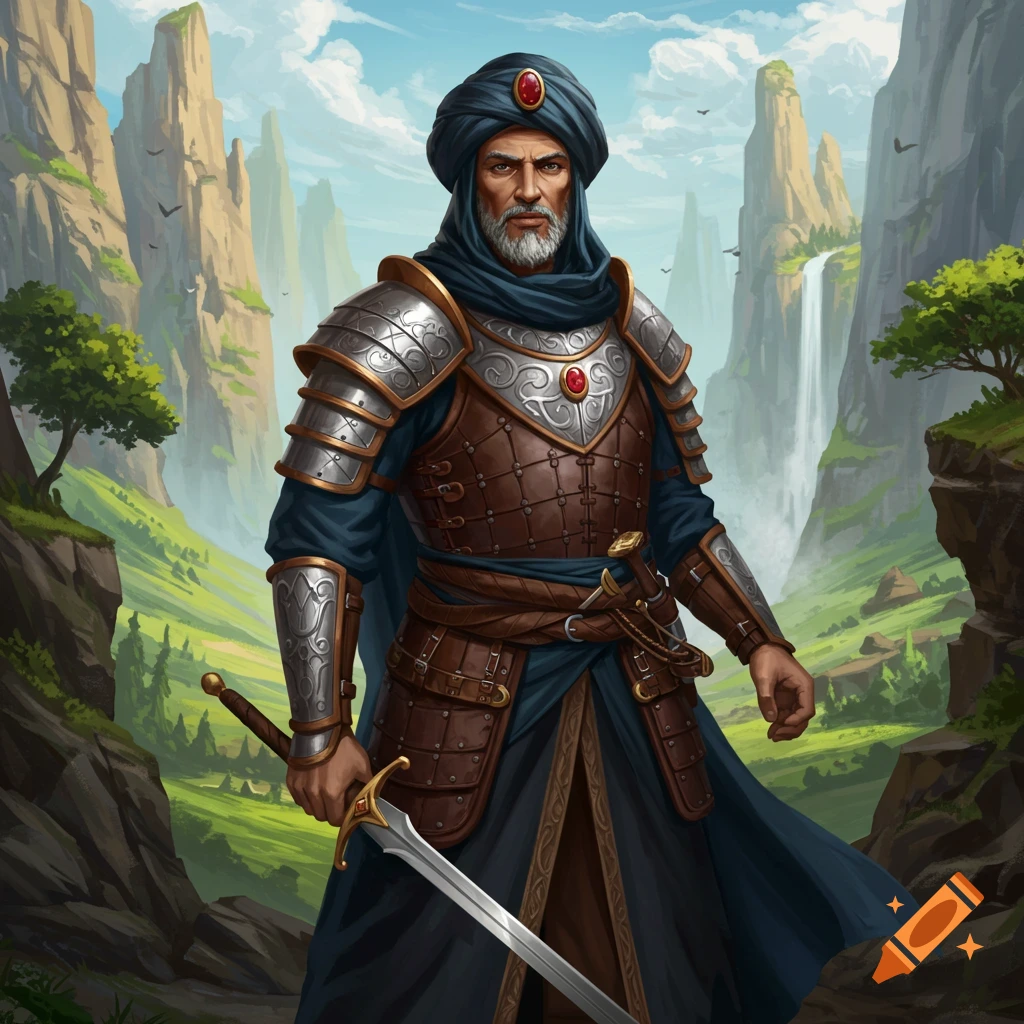 A man in fantasy armor stands with a sword in a mountainous landscape with a waterfall.