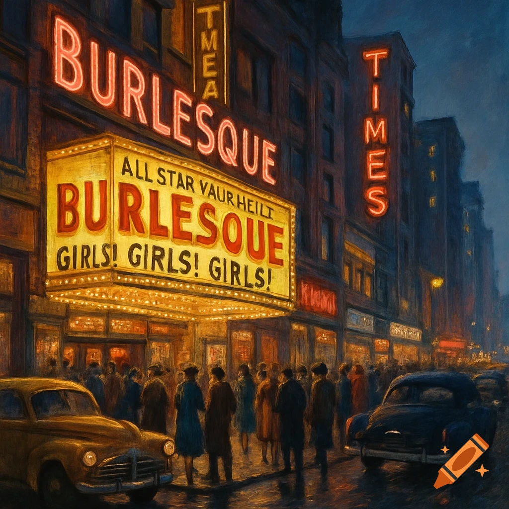 Vintage painted scene of a burlesque theatre at night with neon signs, people, and cars on a city street.