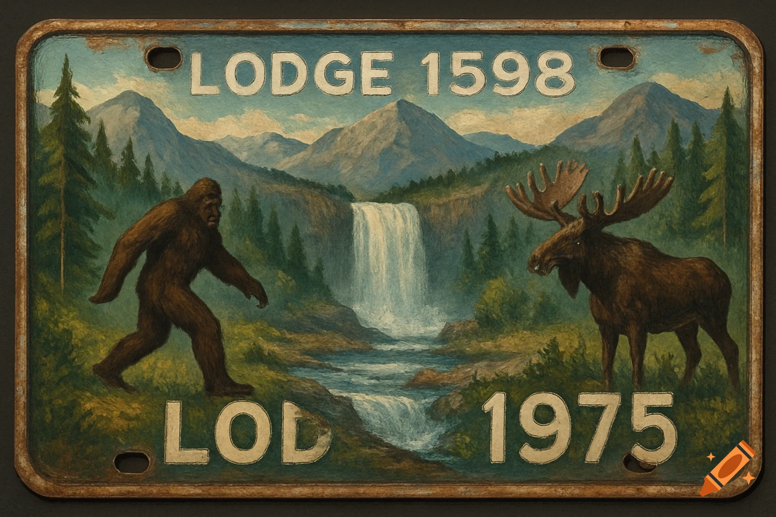 A painted license plate showing Bigfoot and a moose in a mountain landscape with a waterfall. Text reads 'LODGE 1598 LOD 1975'.