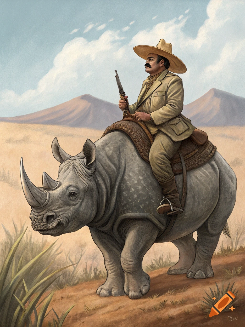 Illustration of Pancho Villa riding a rhinoceros in a desert landscape, holding a rifle.