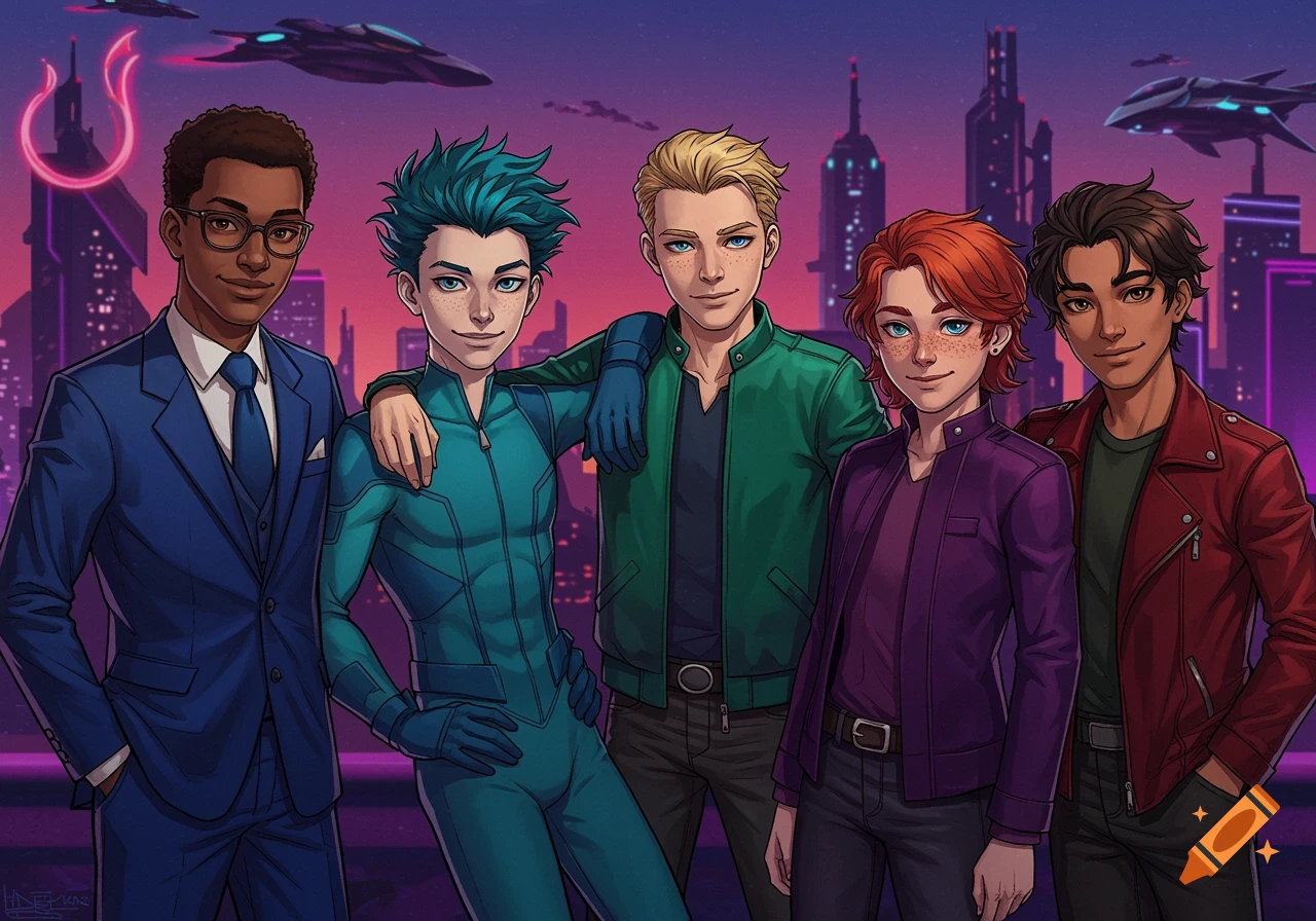 Five young men in a colorful anime style stand in front of a futuristic city