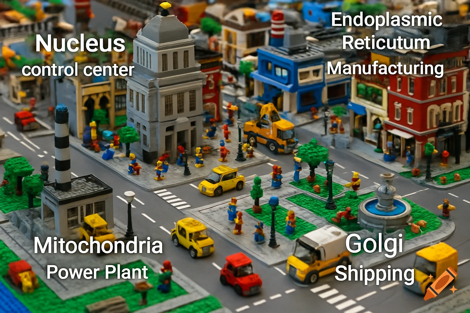 LEGO city diorama labeled with cell organelles: Nucleus, Mitochondria, Endoplasmic Reticulum, Golgi.