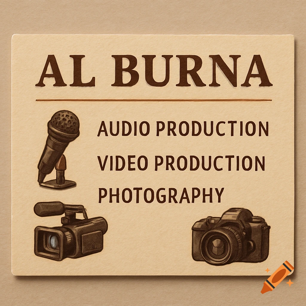 Business card for AL BURNA listing audio, video, photography services with icons of a microphone, video camera, and camera.