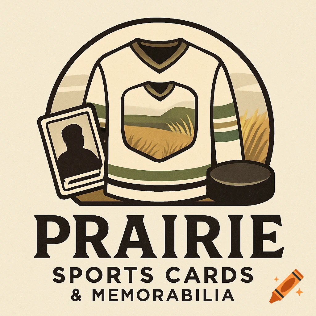 Logo for Prairie Sports Cards & Memorabilia featuring a hockey jersey with prairie scenery, a sports card, and a puck.