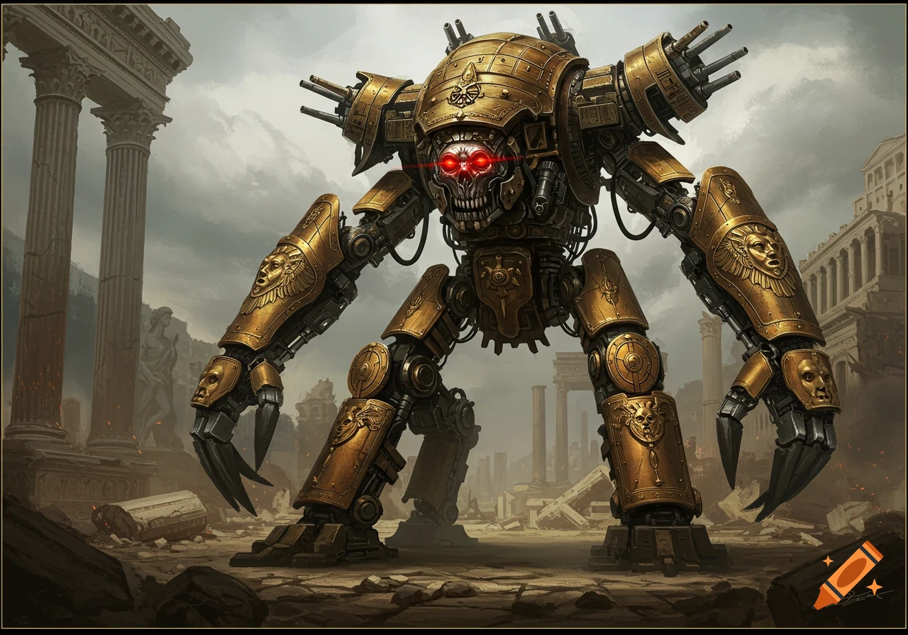 A large golden robot stands in ancient roman ruins