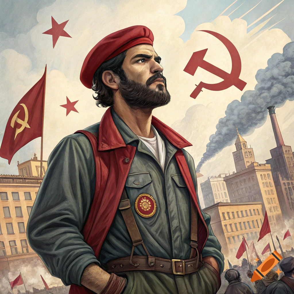 Illustration of a man in a red beret and uniform against a backdrop of Soviet symbols, buildings, and a crowd.