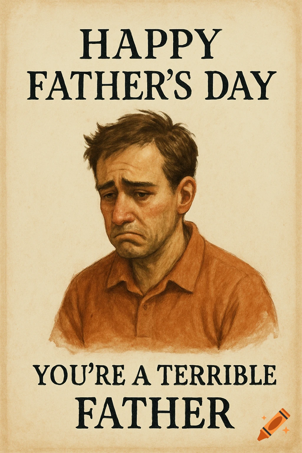 Illustration of a sad man on a Father's Day card with the text 'Happy Father's Day You're a Terrible Father'