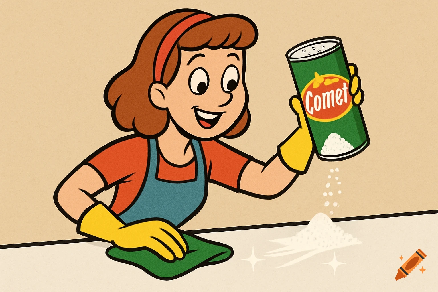 A cartoon woman in gloves and apron cleans a counter with Comet powder and a rag in a retro illustration style.