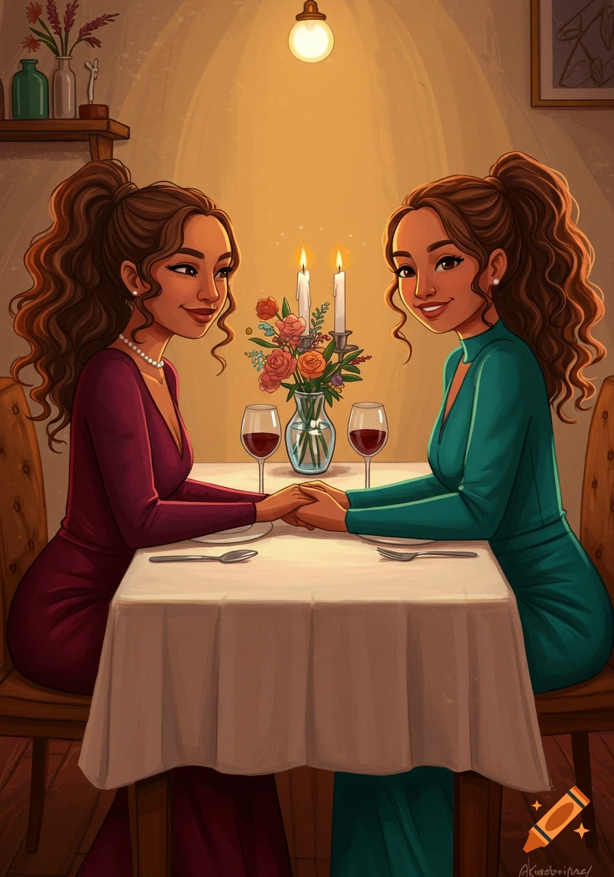 Illustration of two women holding hands across a dinner table with candles and flowers
