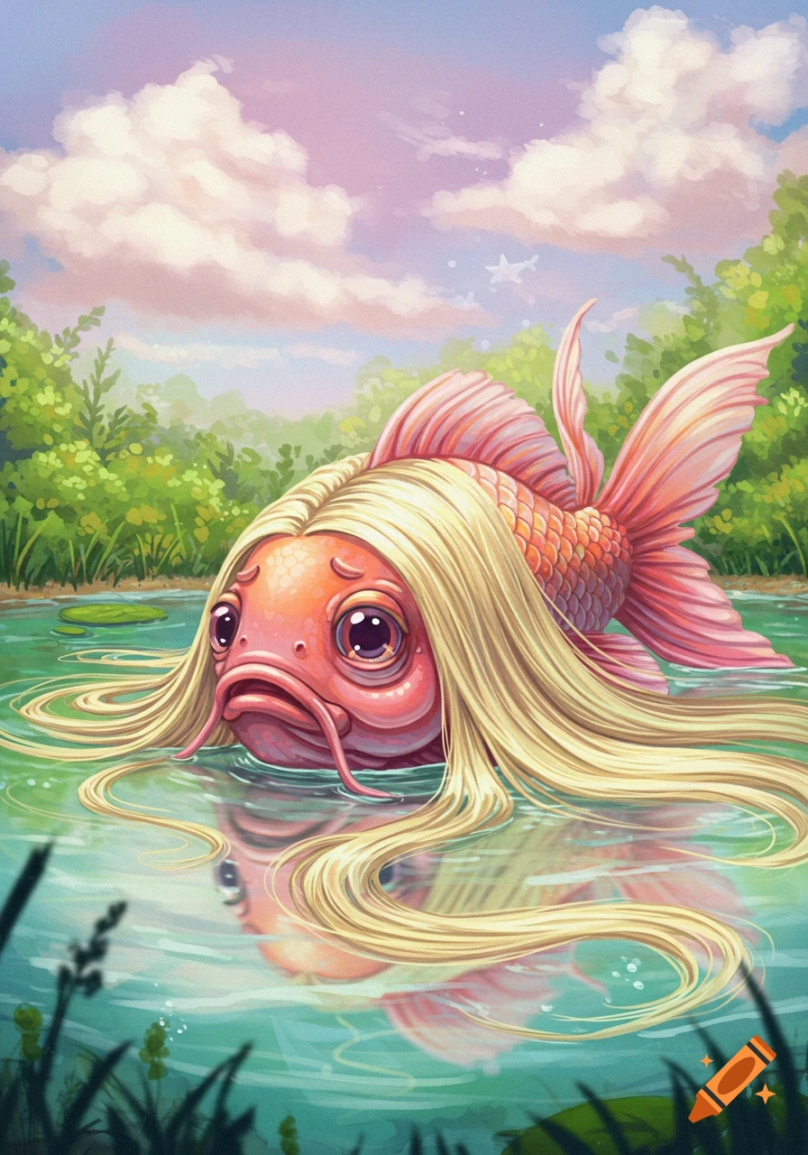 Illustrative painting of a human-faced fish with long blonde hair in a pond