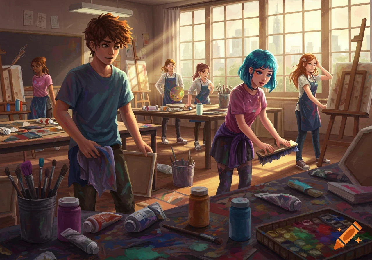 High school students clean and organize an art studio, preparing supplies like paint and brushes.