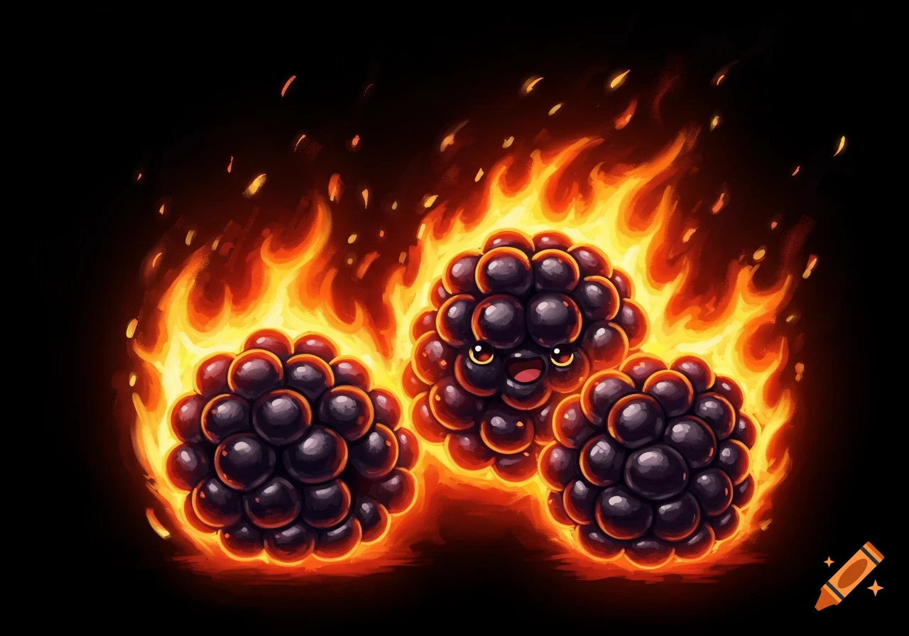Three cartoon blackberries surrounded by flames.