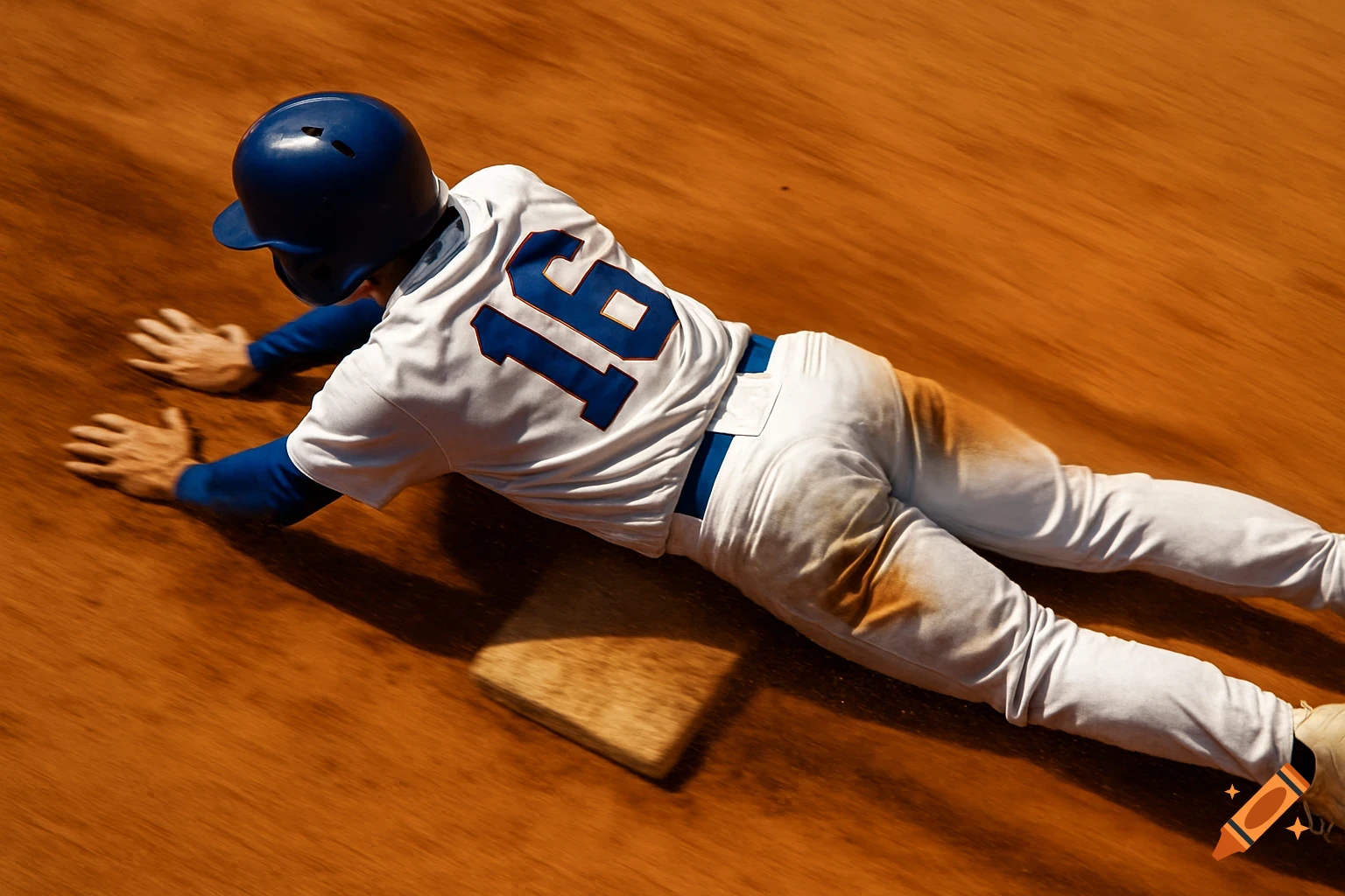 Baseball player with number 16 sliding headfirst into base, motion blur effect.