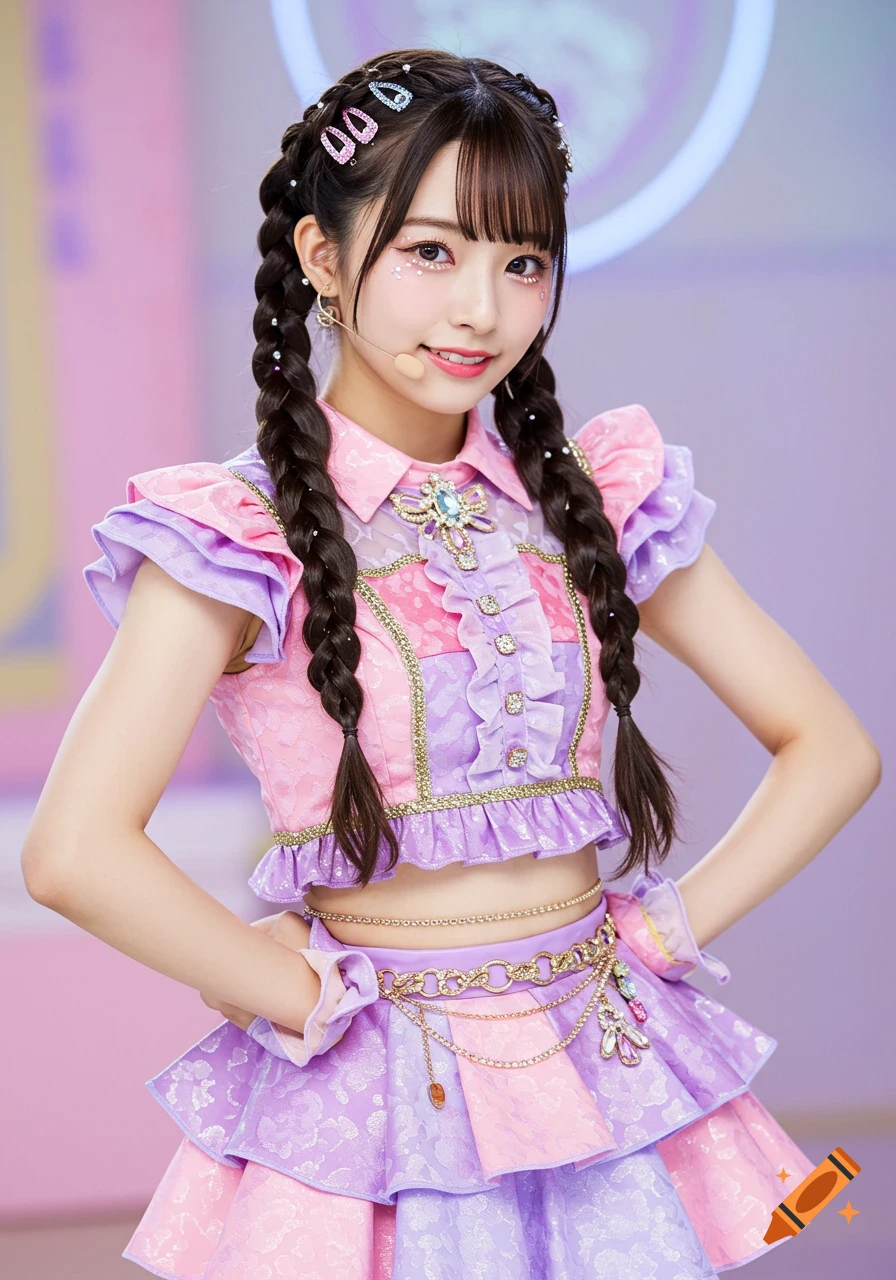 Portrait of a young woman dressed as a K-pop idol in a pink and purple outfit with braided hair and bright makeup.