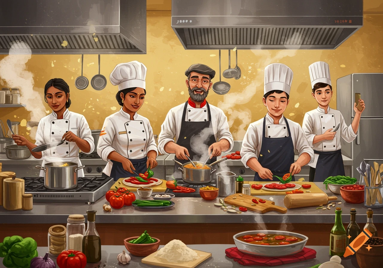 Group of diverse chefs cooking in a busy professional kitchen with various ingredients and equipment.
