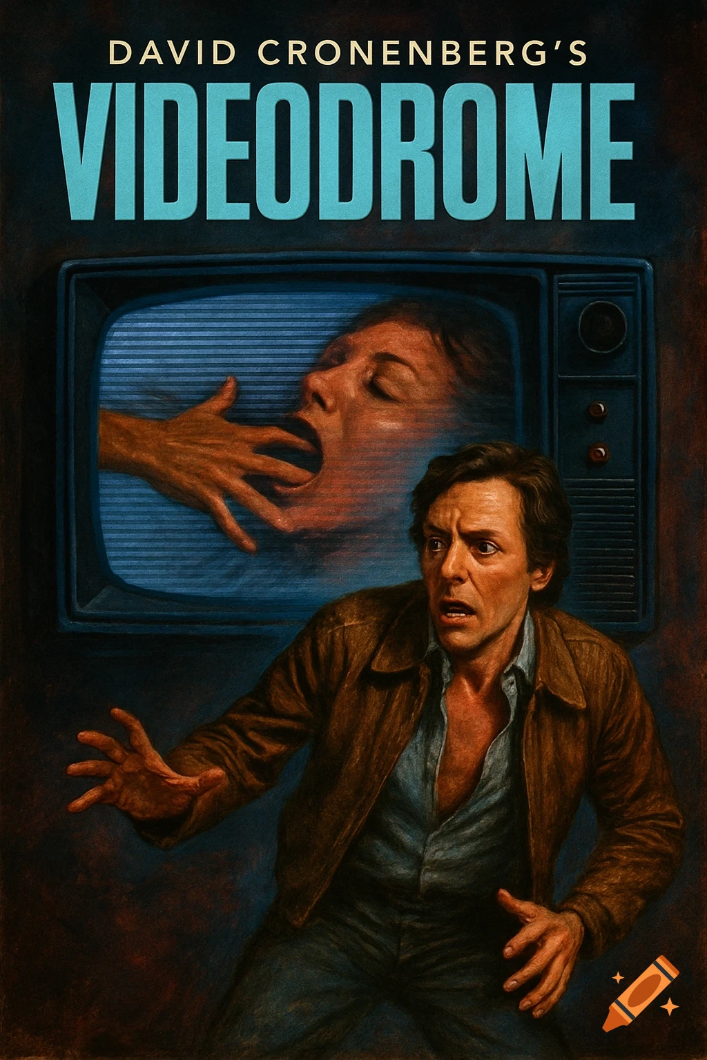 A man reacts in fright while a hand reaches out of a television screen towards a distorted face. Text reads "DAVID CRONENBERG'S VIDEODROME".