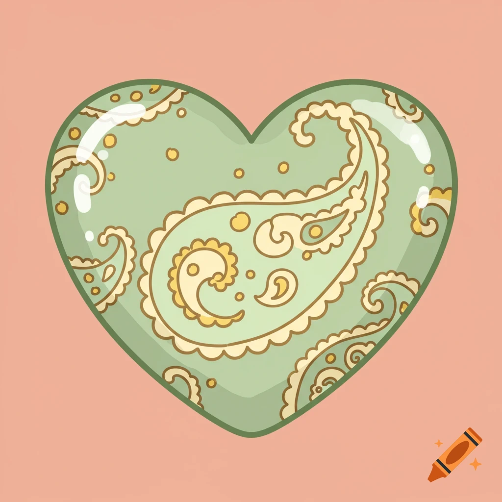 A light sage green cartoon heart with a paisley pattern inside.
