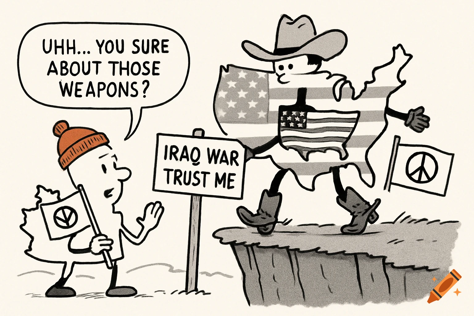 Political cartoon: USA character walks toward cliff with 'Iraq War' sign; Canada character asks about weapons.