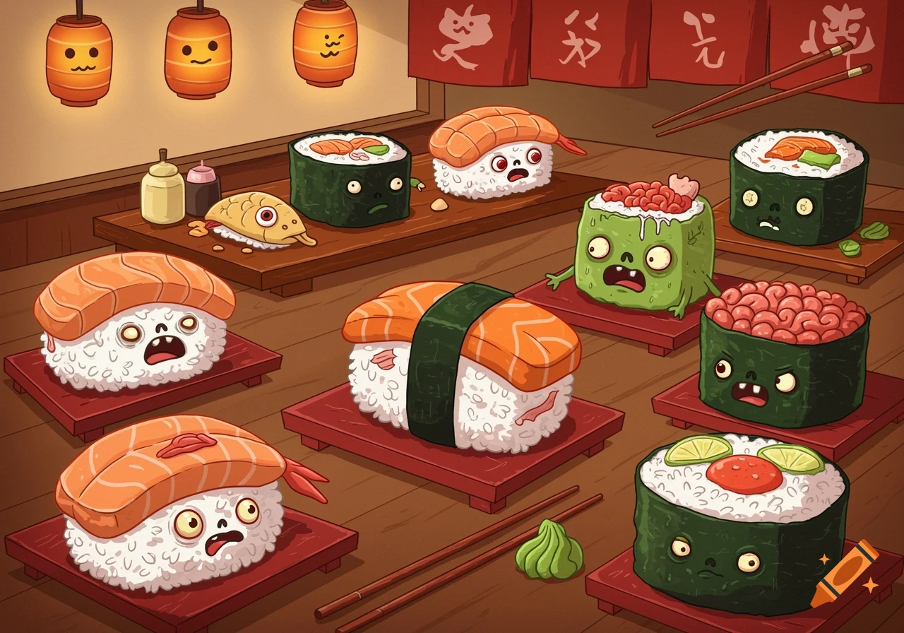 Cartoon illustration of funny zombie sushi characters in a restaurant.