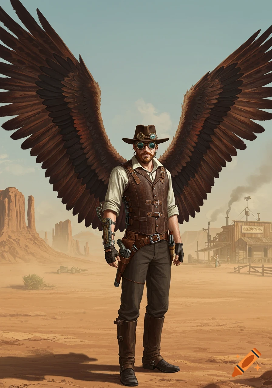 Man with large wings in steampunk Western outfit standing in a desert landscape with a saloon.
