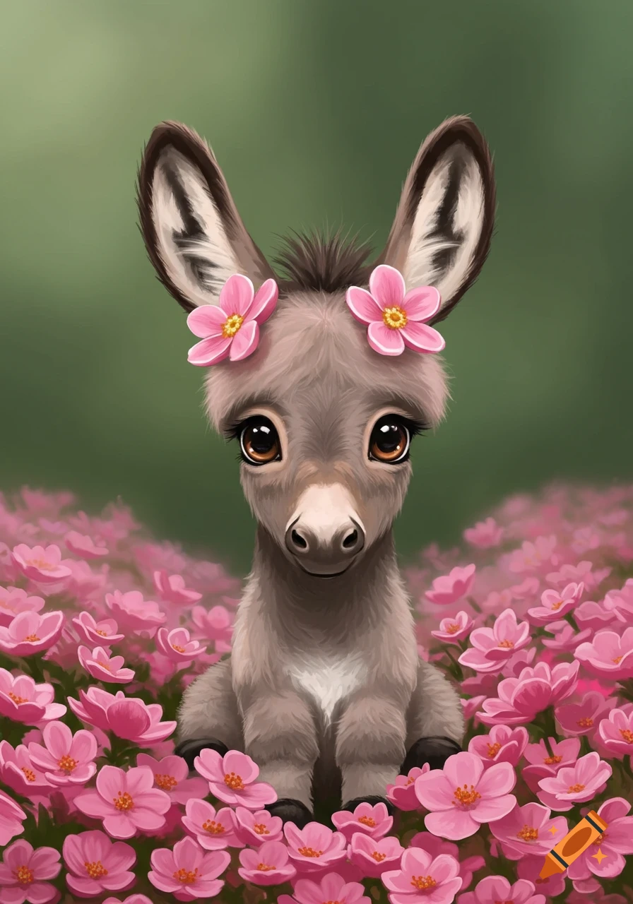 Cute baby donkey with flowers sitting in pink flowers, digital art.