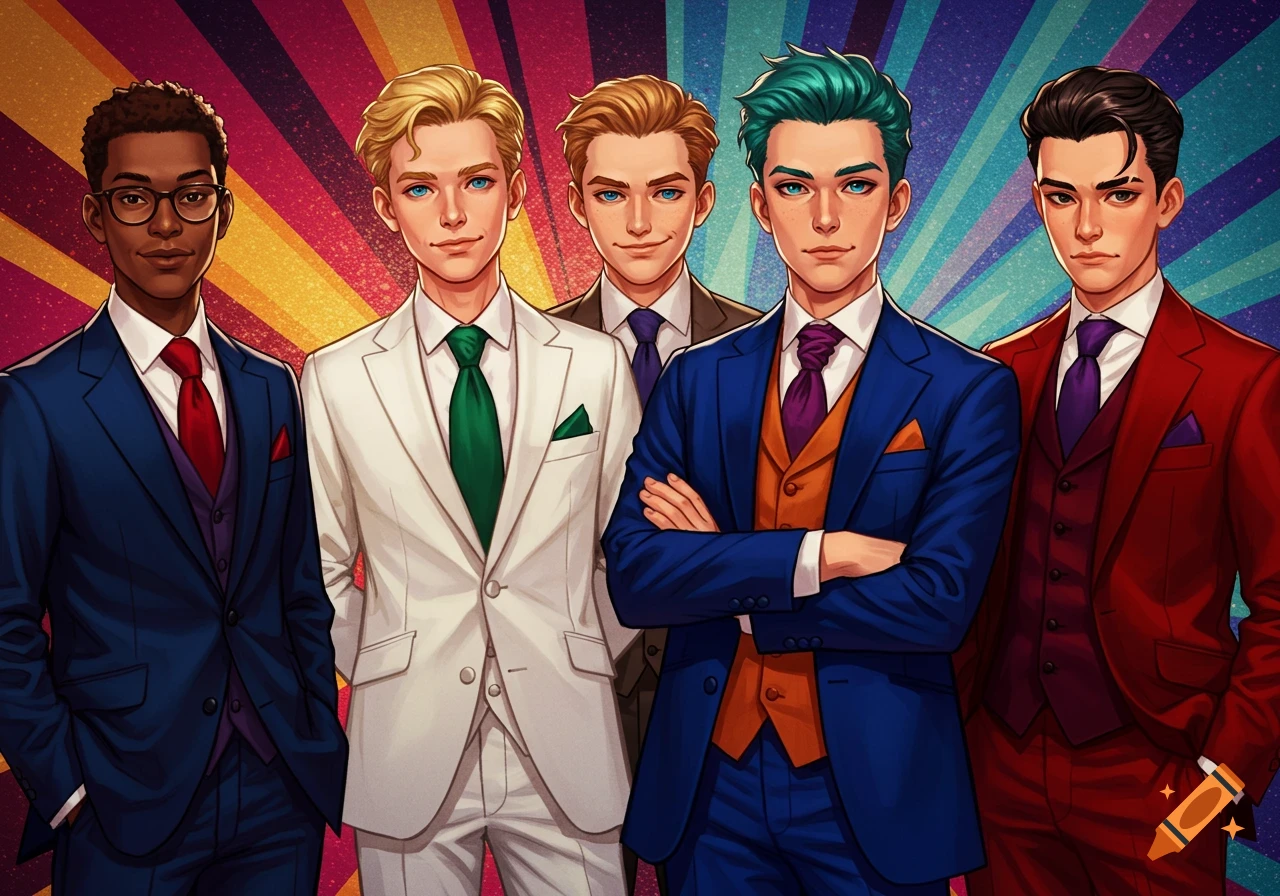 Five young men in colorful suits stand against a vibrant, striped background in an anime/manga style.